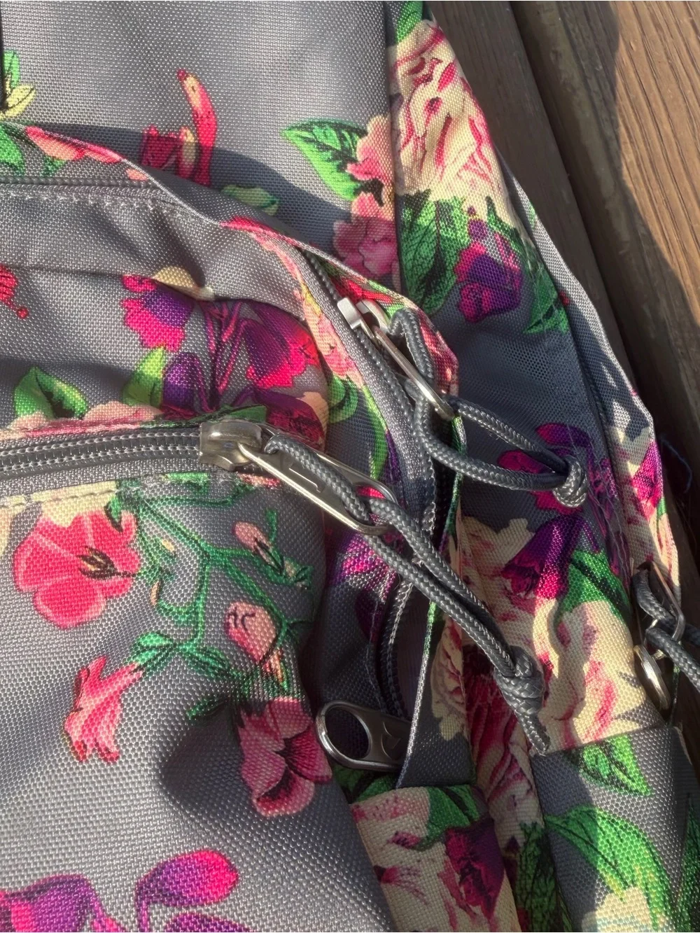 JanSport City View Floral Backpack Gray Pink Roses Faux Leather Bottom Bag